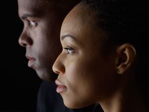 Couple with serious expressions