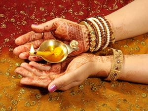 Henna Tattooed Hand of Indian Girl Holding Diwali Diya