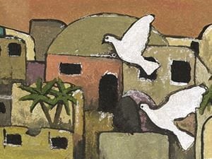 Peace mural with doves and jerusalem