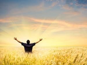 Man Rasing His Hands At Sunrise in a Field of Wheat