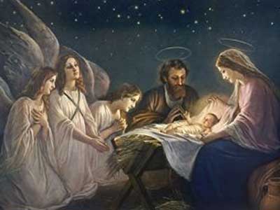 Joseph and Mary Admiring Their Son are Joined by a Trio of Angels Who are No Less Impressed