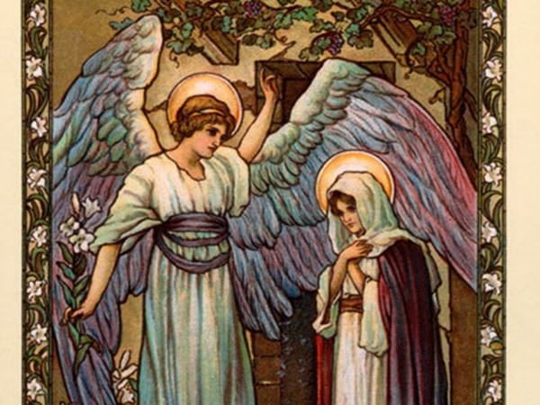 The Annunciation - Angel Gabriel appearing to Mary - a 1910 vintage Christmas greeting illustration