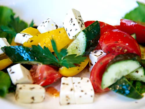 Feta red pepper yellow pepper cucumber tomato salad